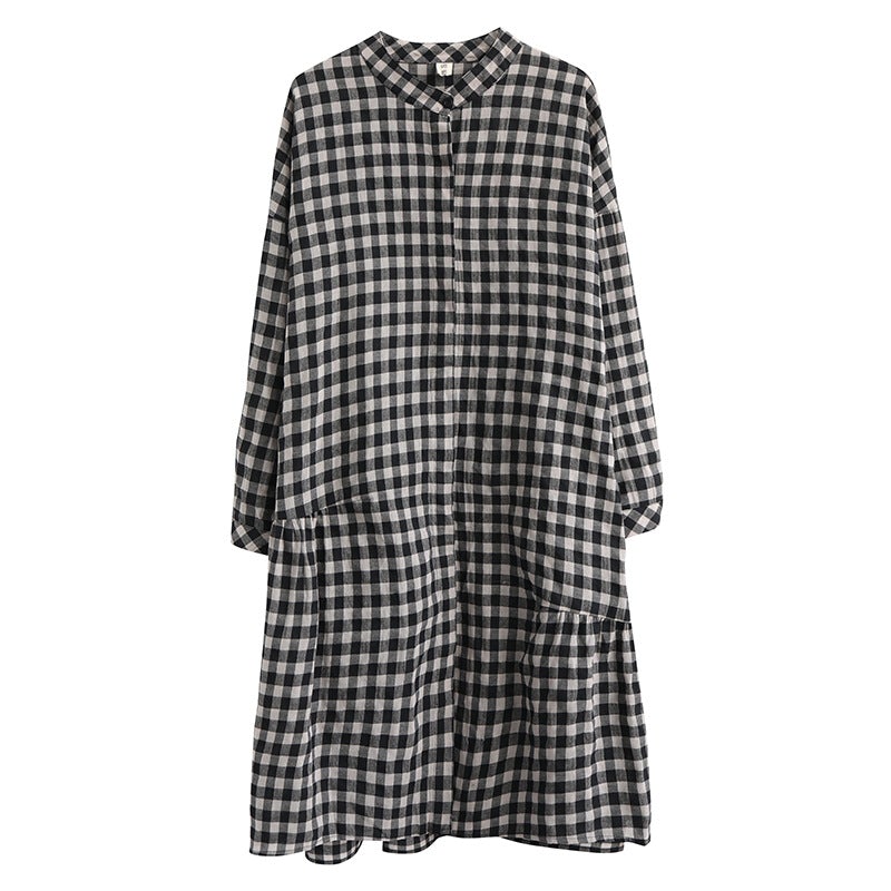 Casual Linen Plaid Plus Sizes Shirt Short Dresses-Dresses-Free Shipping at meselling99