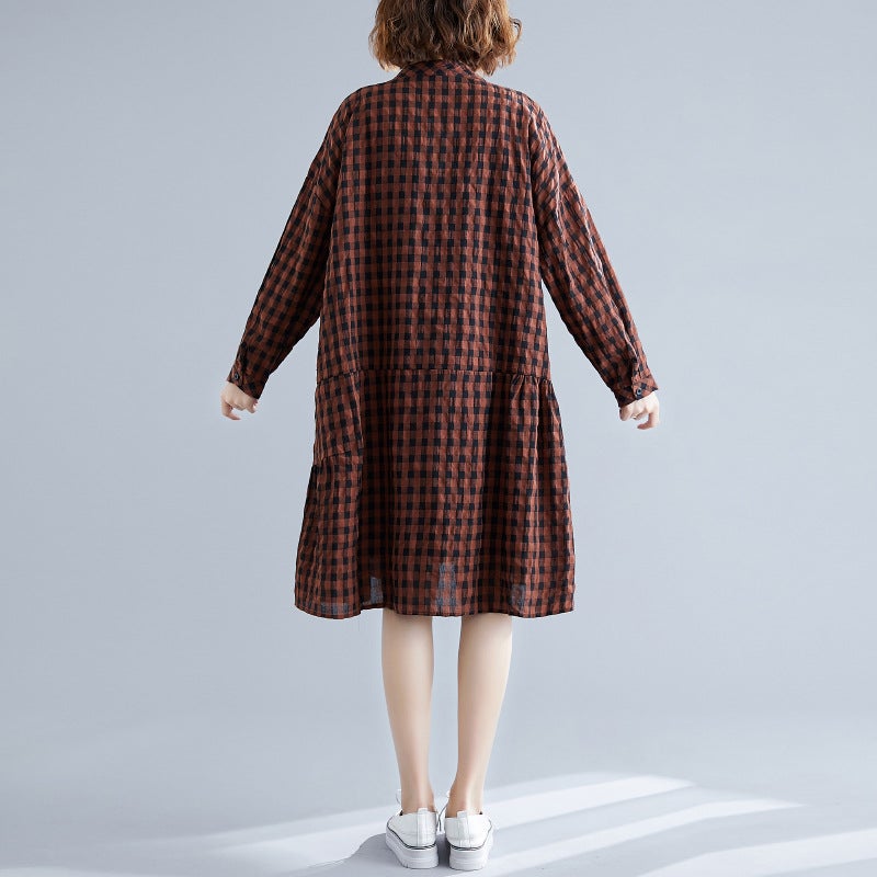 Casual Linen Plaid Plus Sizes Shirt Short Dresses-Dresses-Free Shipping at meselling99