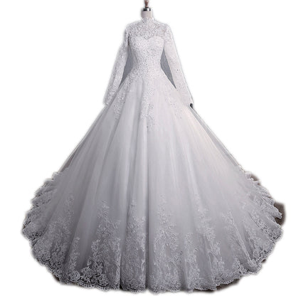 Elegant Long Sleeves Plus Sizes Muslim Brush Train Lace Wedding Dresses