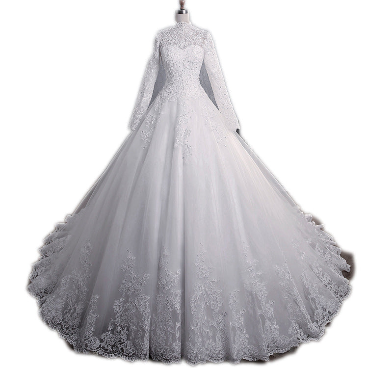 Elegant Long Sleeves Plus Sizes Muslim Brush Train Lace Wedding Dresses