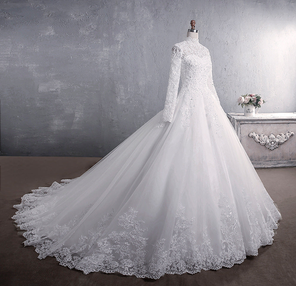 Elegant Long Sleeves Plus Sizes Muslim Brush Train Lace Wedding Dresses