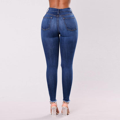 Women Elastic Broken Hole Jean Pants-STYLEGOING