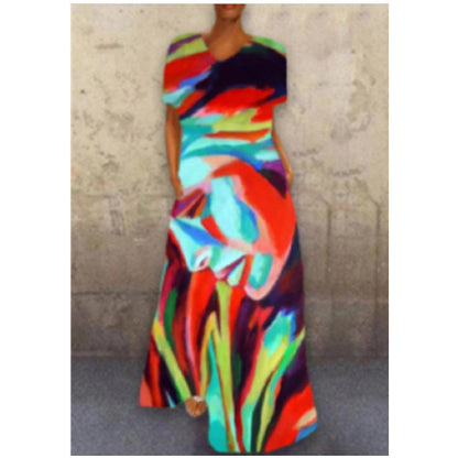 Vintage-Inspired Cat Print V-Neck Maxi Dress – Retro Floral Long Dress