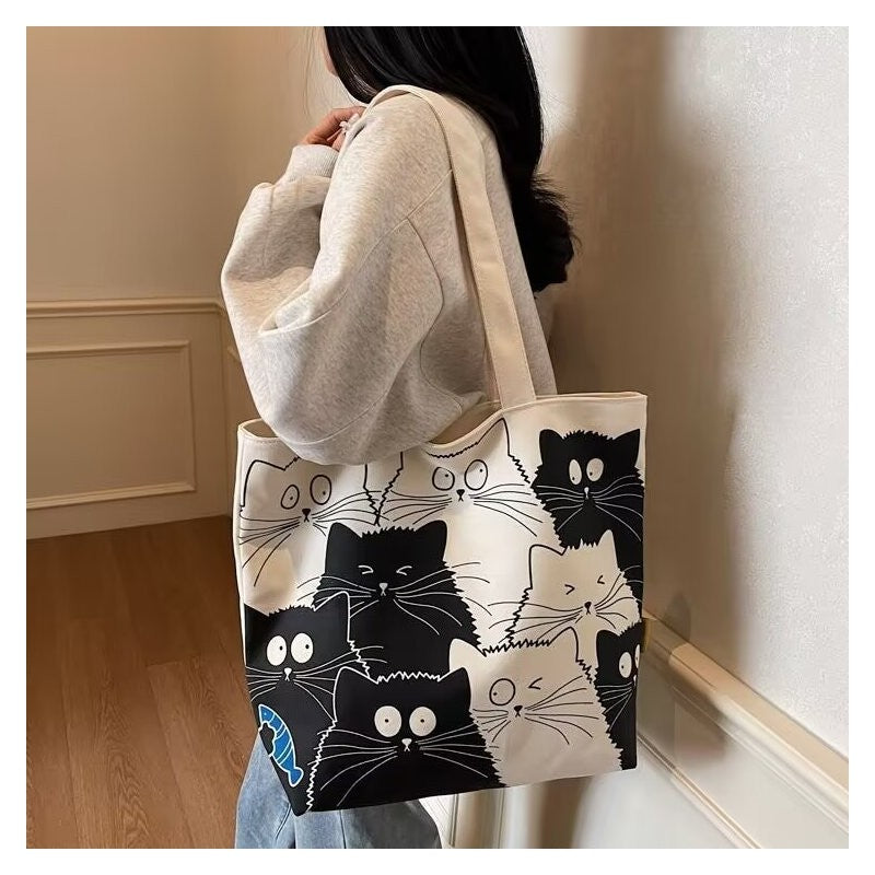 Large Capacity Canvas Shoulder Bag With Cute Cartoon Print