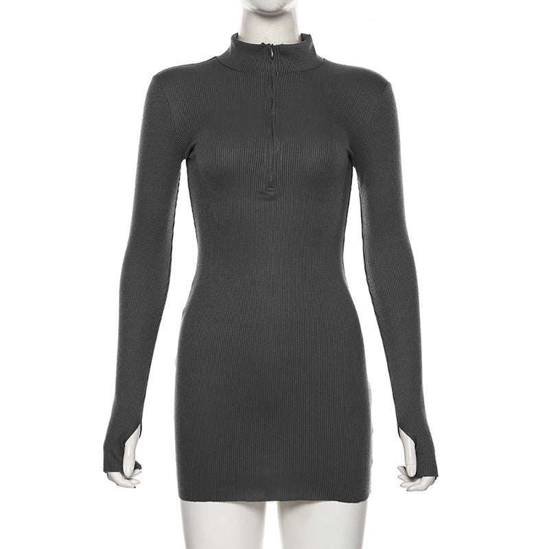 Sexy Zipper High Neck Bodycon Fall Dresses-Sexy Dresses-Gray-S-Free Shipping at meselling99