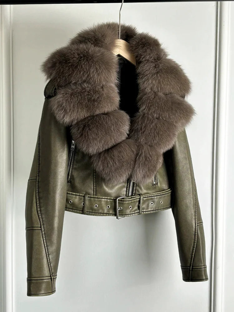 Women PU Faxur Fur Winter Jacket Outerwear