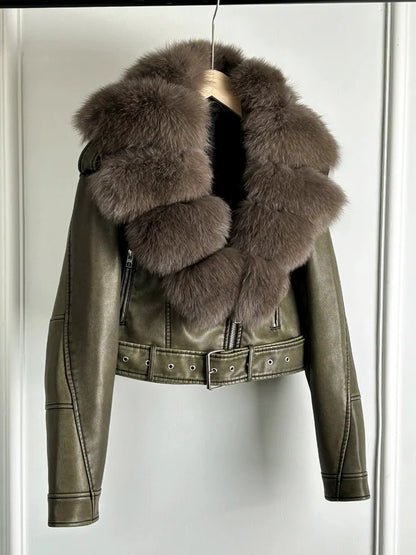 Women PU Faxur Fur Winter Jacket Outerwear