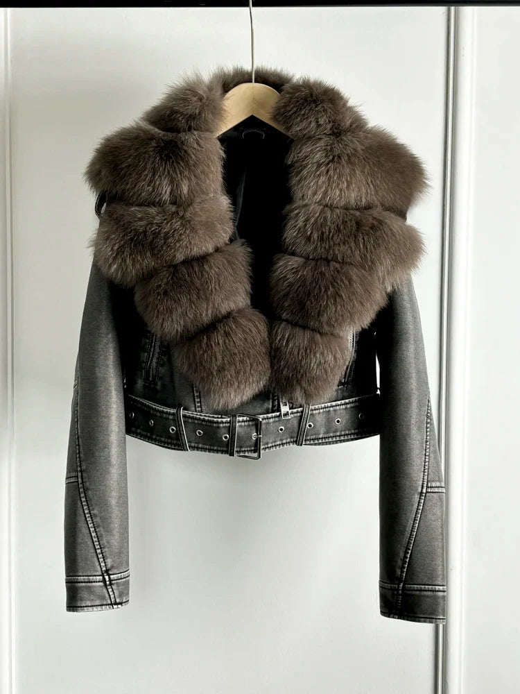 Women PU Faxur Fur Winter Jacket Outerwear