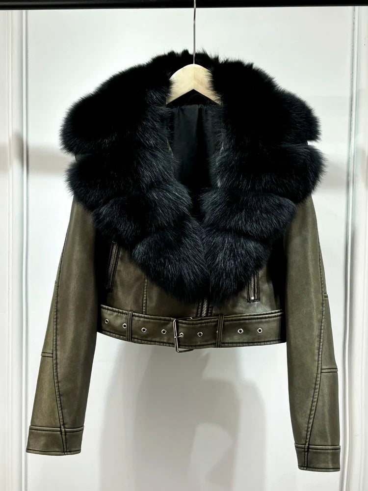 Women PU Faxur Fur Winter Jacket Outerwear