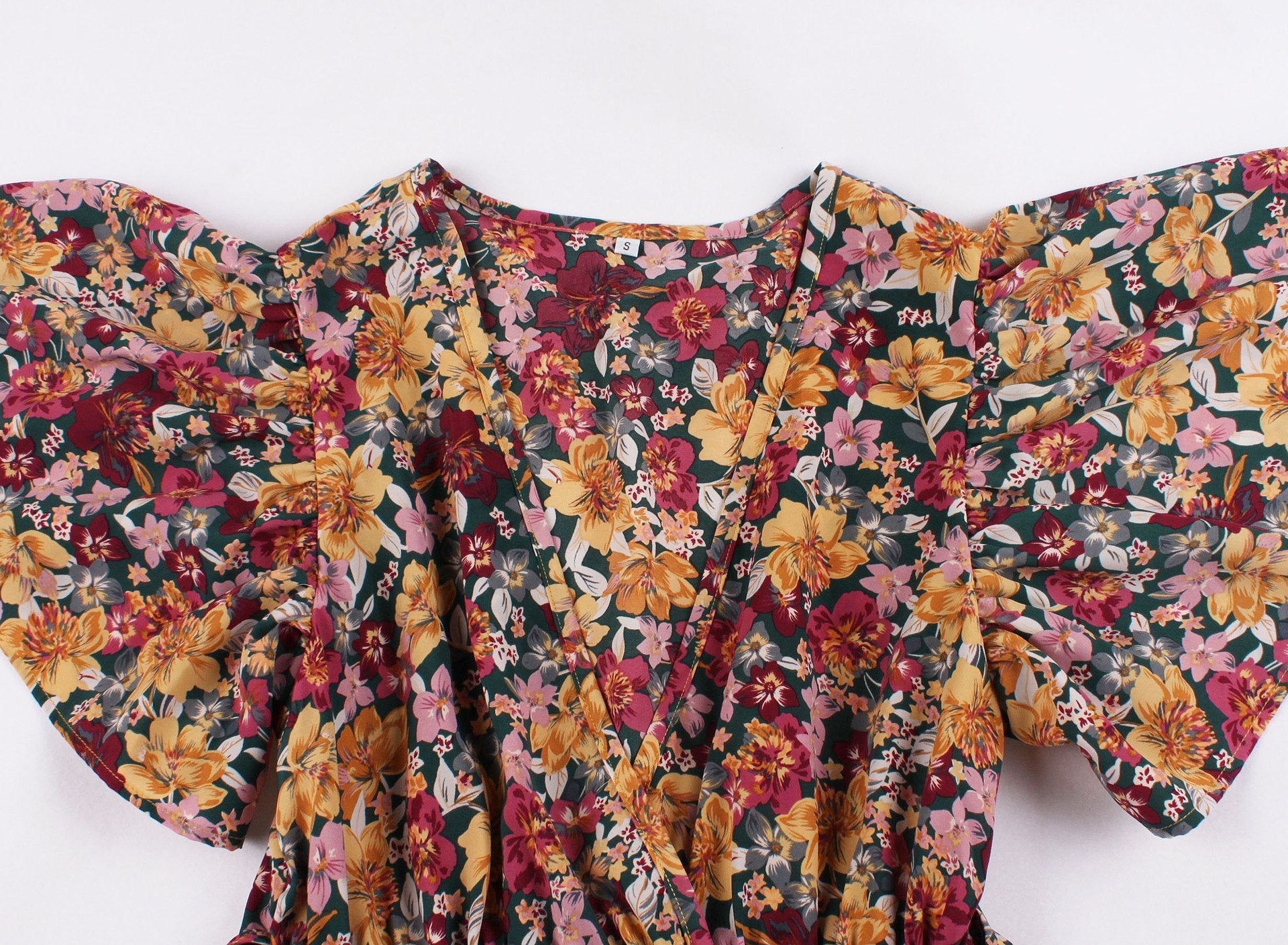 Vintage V Neck Little Flowers Short Sleeves Long Dress-Vintage Dresses-Free Shipping at meselling99