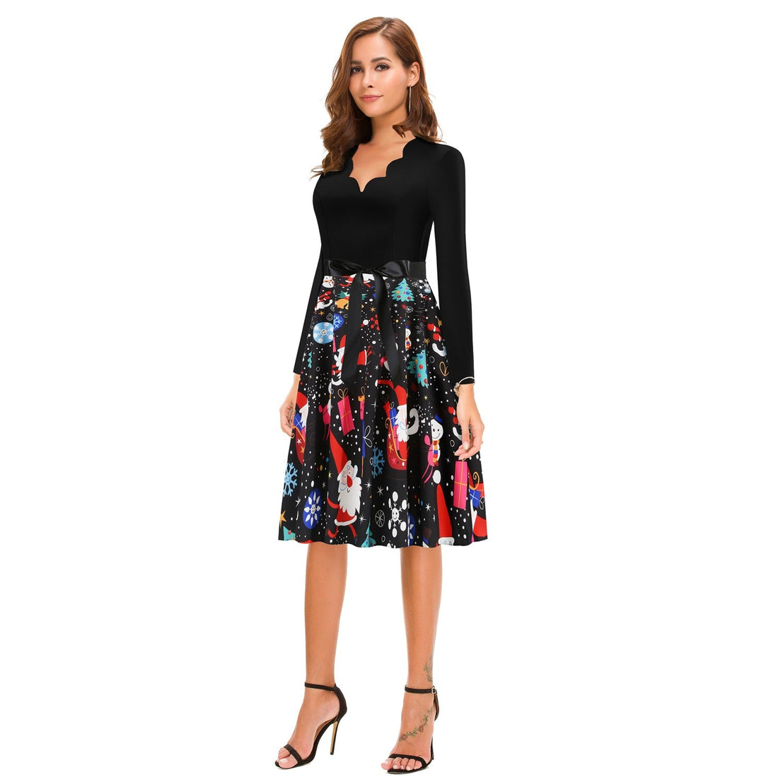 Vintage Christmas V Neck Slim Women Winter Dresses-Vintage Dresses-Black-S-Free Shipping at meselling99