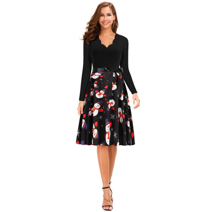 Women Vintage Christmas Snowmen Slim Waist Dresses-Vintage Dresses-Free Shipping at meselling99
