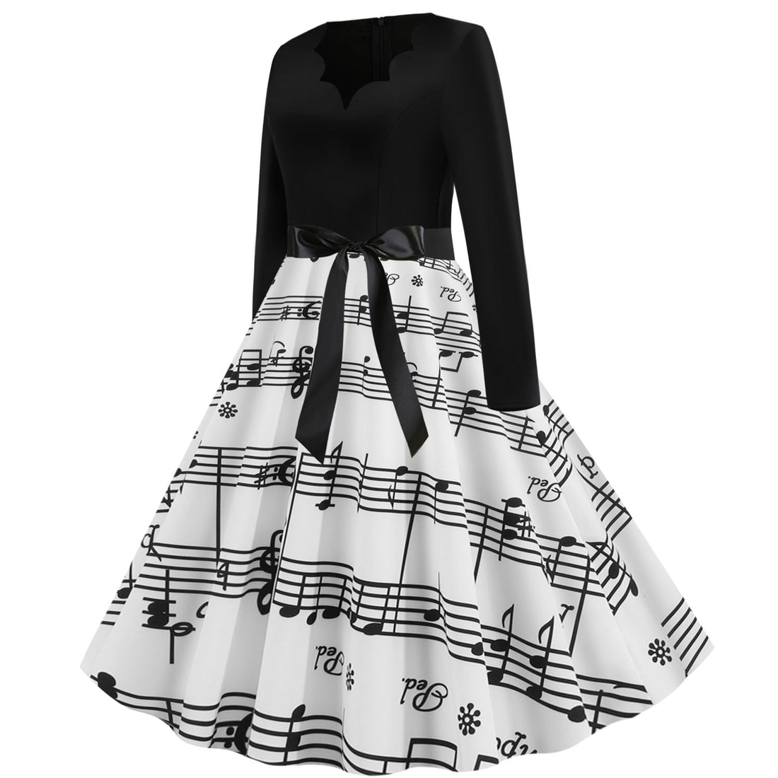 Vintage V Neck Long Sleeves Musical Note Winter Dresses-Vintage Dresses-White-S-Free Shipping at meselling99