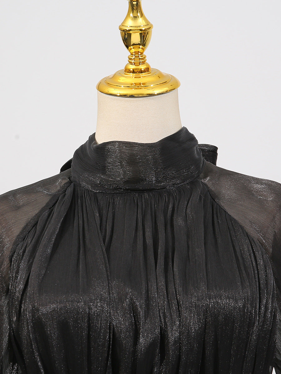 Summer Stand Collar Lantern Sleeve Ruffled Waist Dress for Women