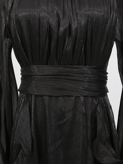 Summer Stand Collar Lantern Sleeve Ruffled Waist Dress for Women