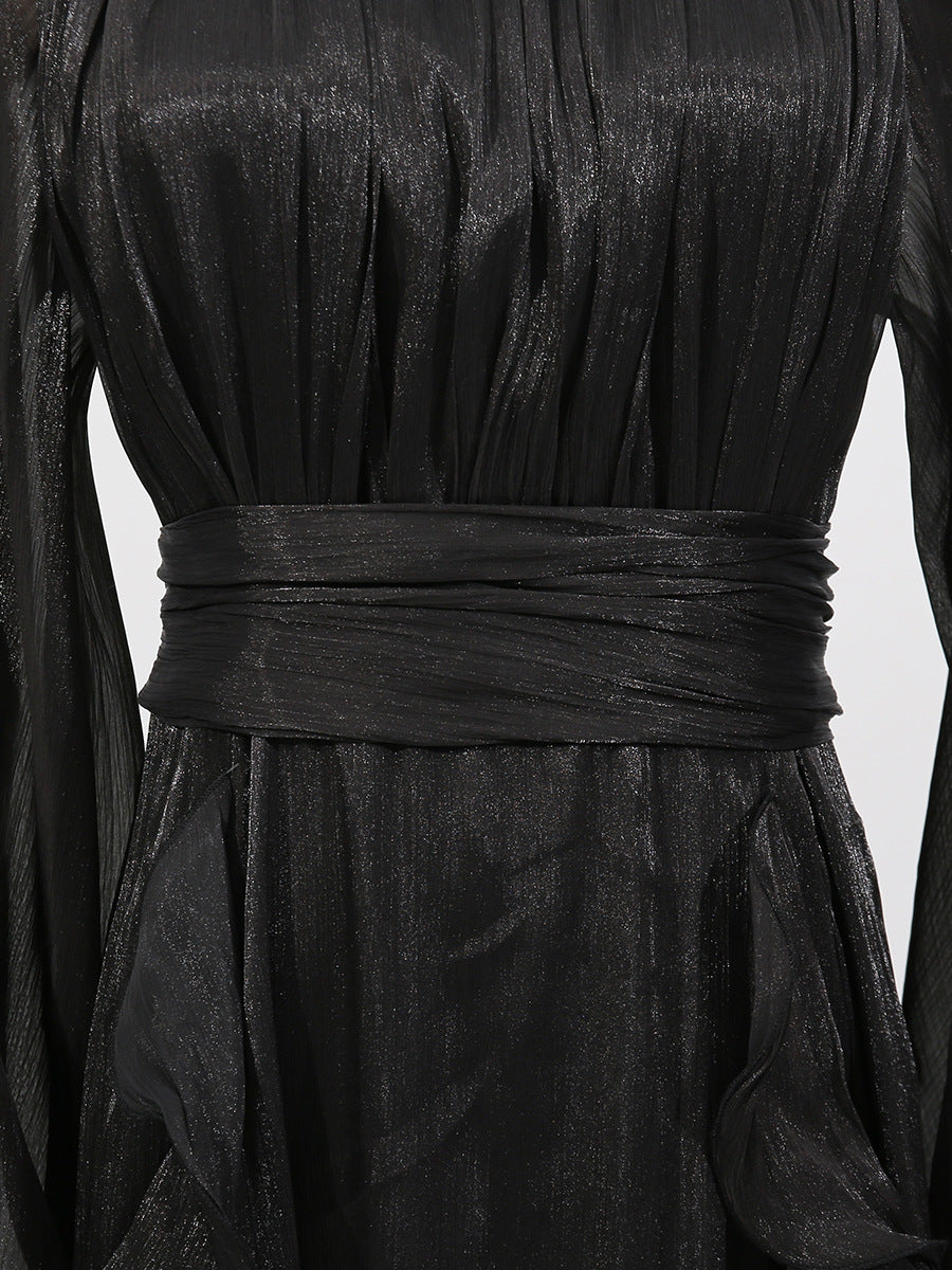 Summer Stand Collar Lantern Sleeve Ruffled Waist Dress for Women