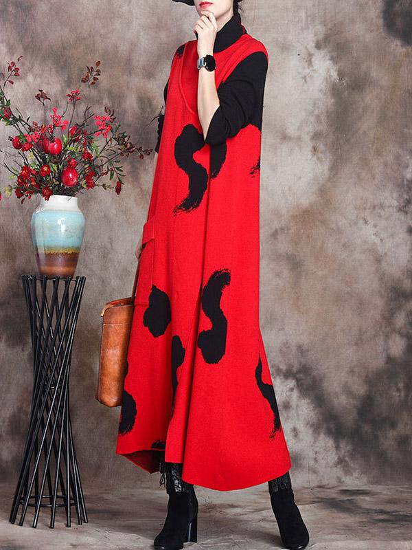 Simple Split-Joint High-Neck Knitting Dress-Midi Dress-RED-FREE SIZE-Free Shipping at meselling99