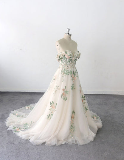 Romantic Forest Fairy Green Colorful Lace Wedding Dresses