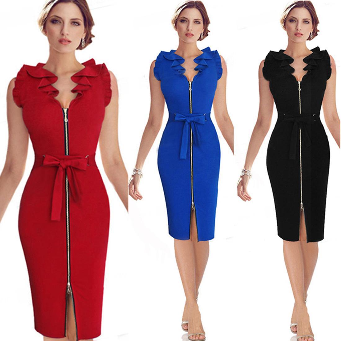 Sexy Ruffled V Neck Fashion Sheath Dresses-Sexy Dresses-Black-S-Free Shipping at meselling99