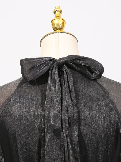 Summer Stand Collar Lantern Sleeve Ruffled Waist Dress for Women