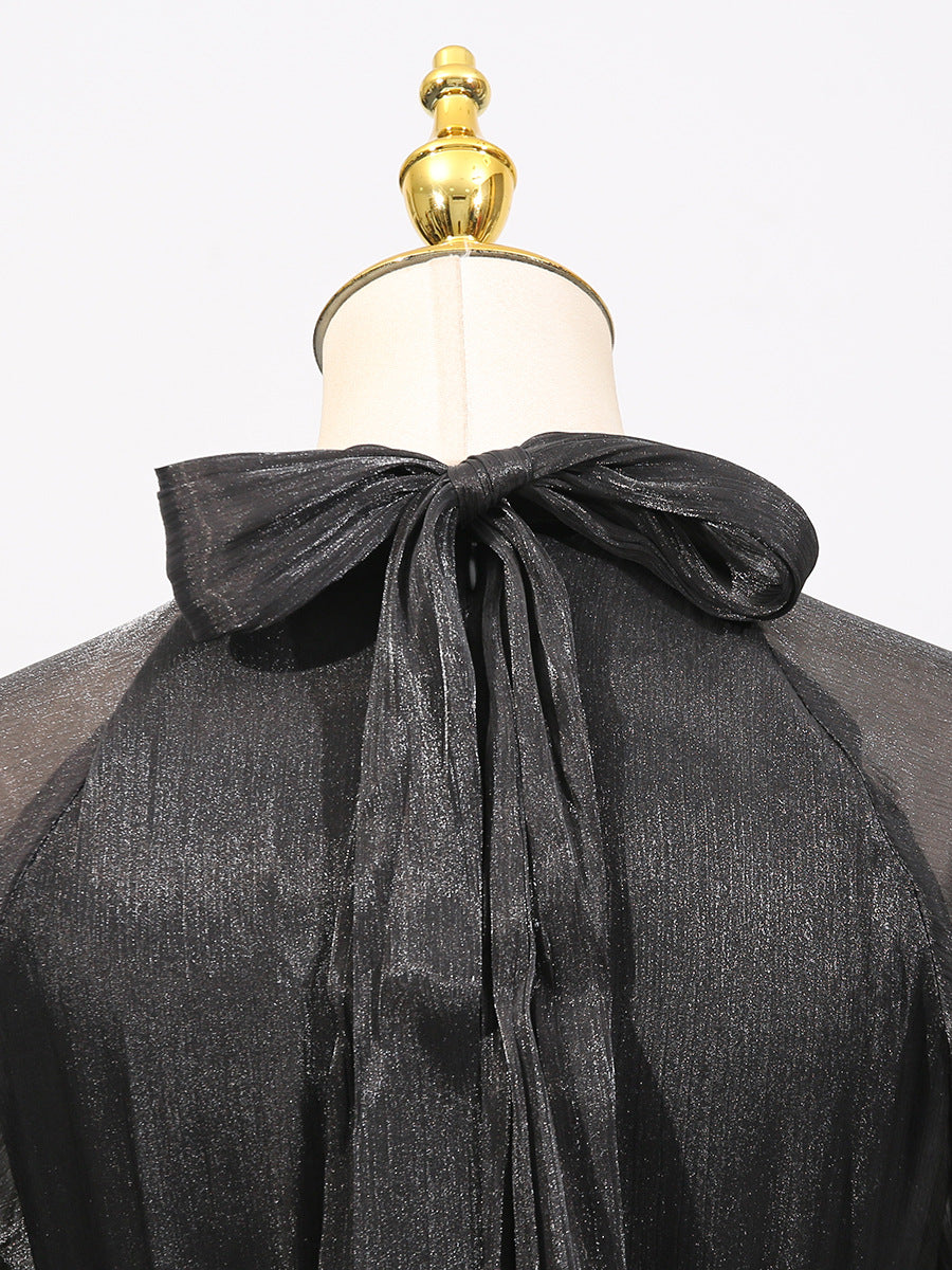 Summer Stand Collar Lantern Sleeve Ruffled Waist Dress for Women