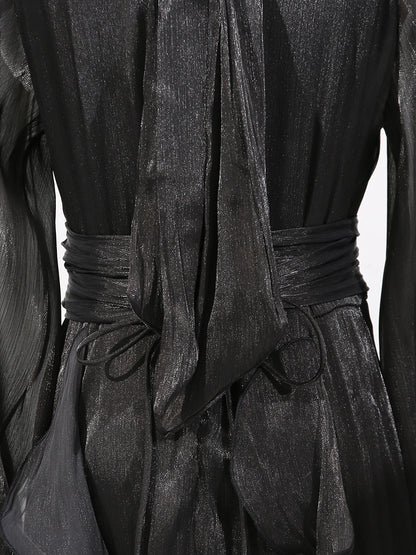 Summer Stand Collar Lantern Sleeve Ruffled Waist Dress for Women