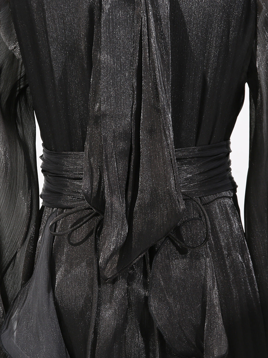 Summer Stand Collar Lantern Sleeve Ruffled Waist Dress for Women