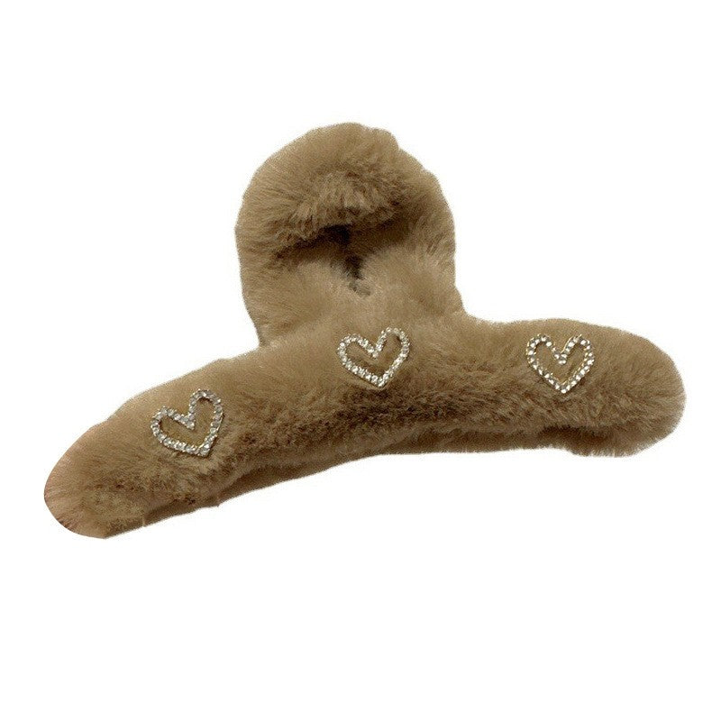 Rhinestone Heart Furry Hair Claw Clip