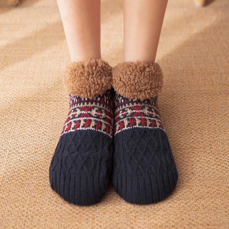 Adults Jacquard Knitted Fleece Lining Thick Warm Non-Slip Indoor Socks