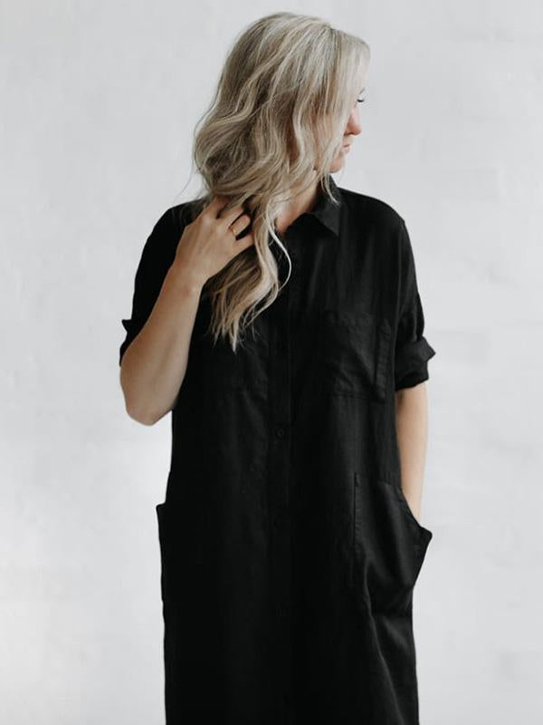 Meselling99 Simple Solid Split-Side Lapel Long Shirt Dress-Maxi Dress-Free Shipping at meselling99