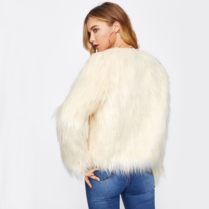 Women Long Sleeve V-Neck Faux Fur Jacket