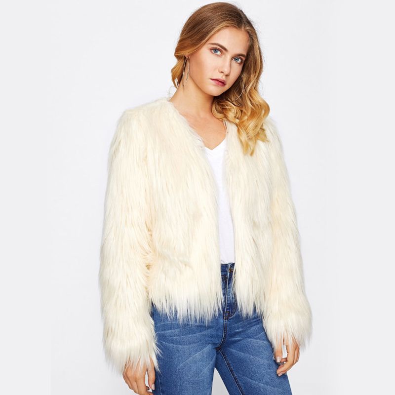 Women Long Sleeve V-Neck Faux Fur Jacket