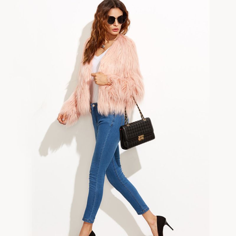 Women Long Sleeve V-Neck Faux Fur Jacket