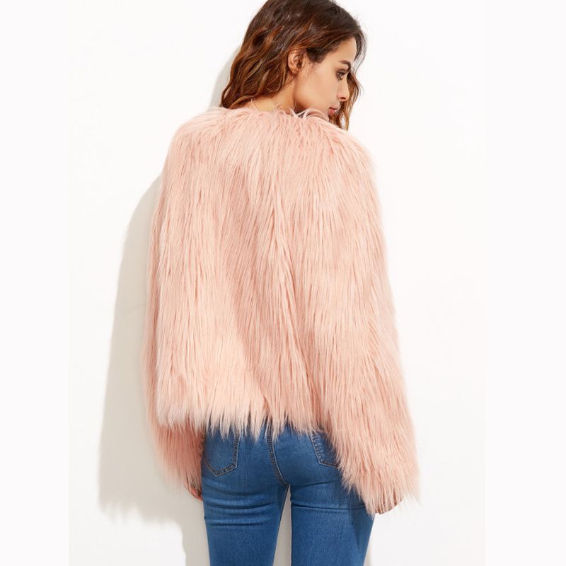 Women Long Sleeve V-Neck Faux Fur Jacket