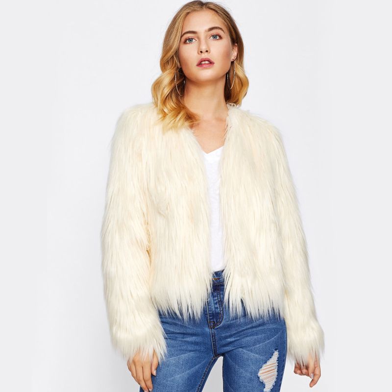 Women Long Sleeve V-Neck Faux Fur Jacket
