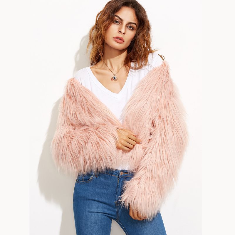Women Long Sleeve V-Neck Faux Fur Jacket