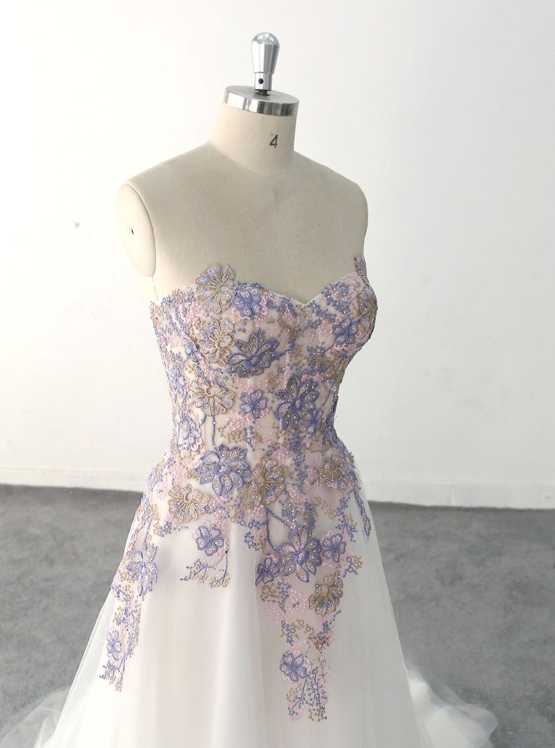 Romantic Purple A-line Wedding Dress Colorful Lace Wedding Dresses