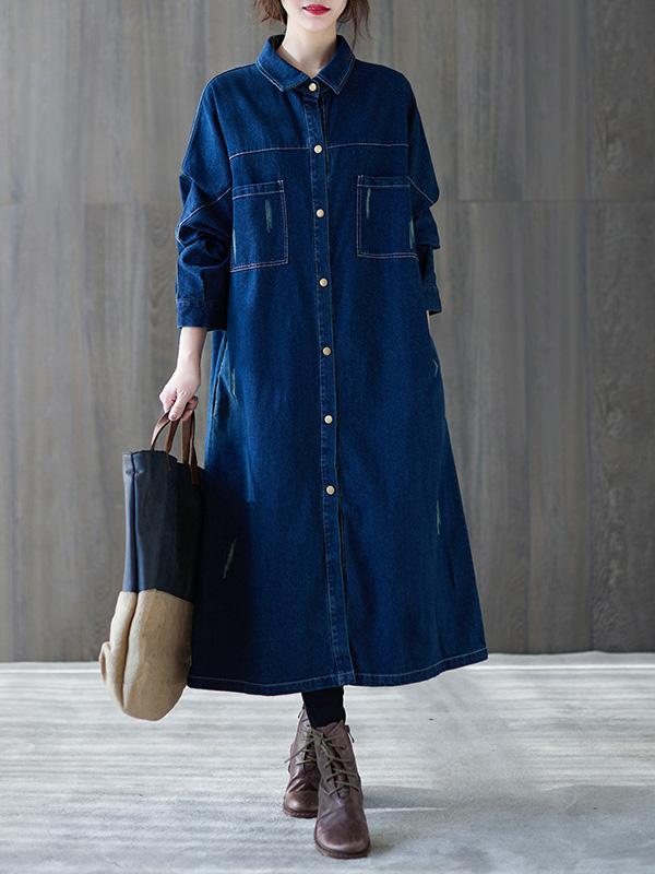 Original Denim Lapel Shirt Dress-Midi Dress-BLUE-L-Free Shipping at meselling99