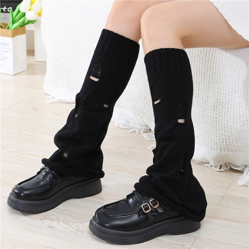 Solid Color Ripped Knit Bell Bottom Socks