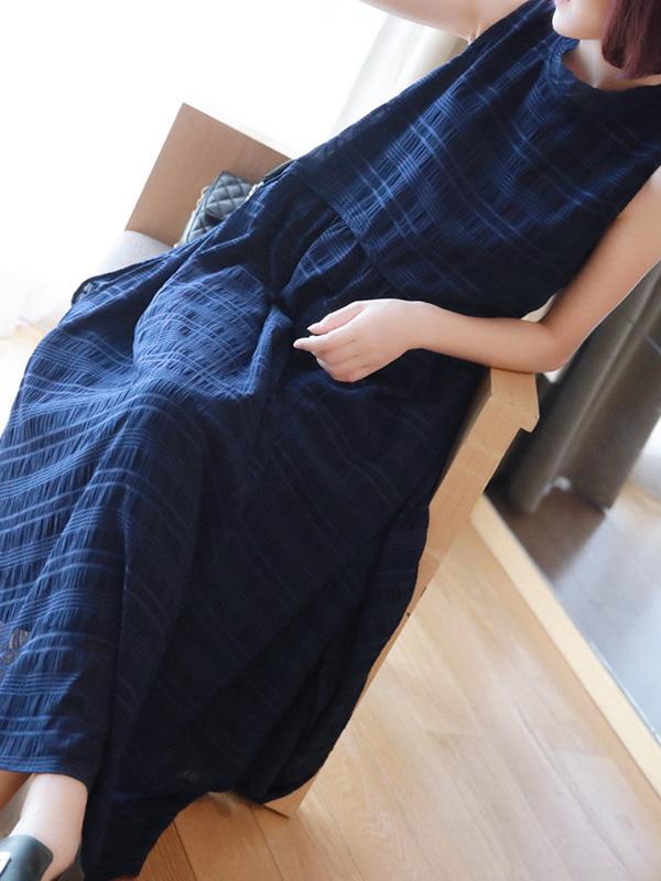 Meselling99 Original Solid Plaid Sleeveless Dress-Maxi Dress-BLUE-FREE SIZE-Free Shipping at meselling99