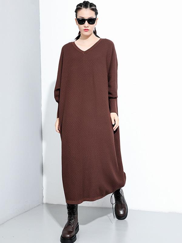 Meselling99 Original Solid V-Neck Sweater Dresses-Maxi Dress-Free Shipping at meselling99