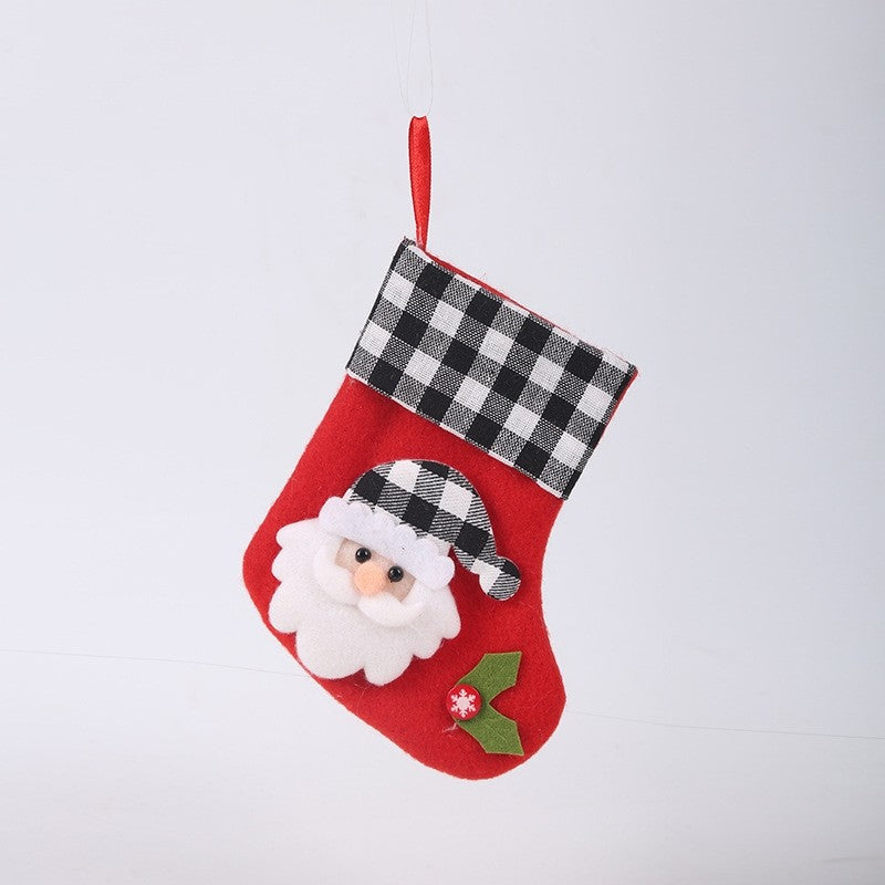 Black White Plaid Cute Cartoon Patchwork Christmas Sock Gift Bag