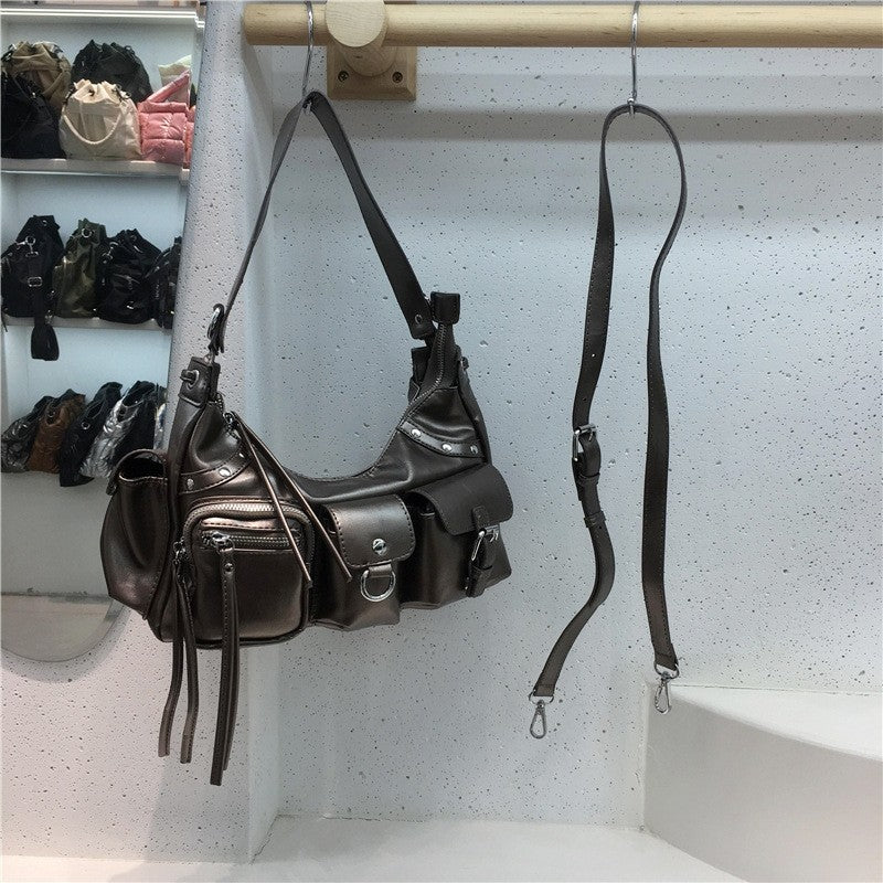 Multi Pocket Studded PU Underarm Motorcycle Bag