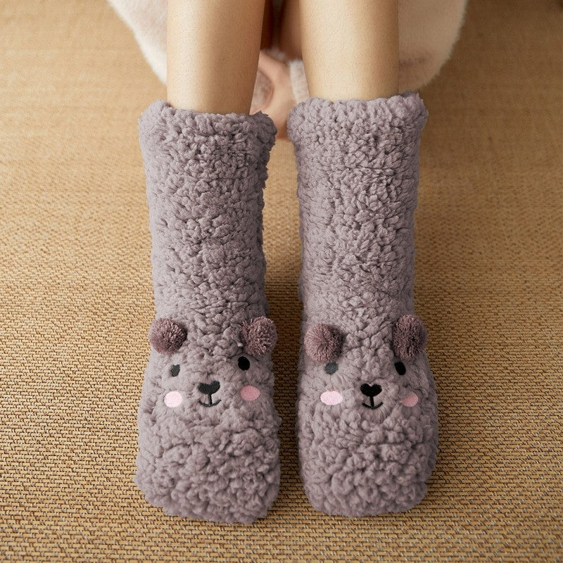 Adults Cute Cartoon Bear Coral Fleece Thick Warm Homewear Socks