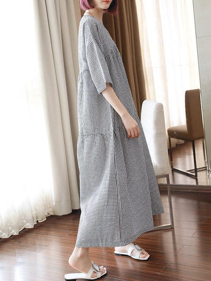 Meselling99 Original Black&White Plaid V-Neck Dress-Maxi Dress-BLACK&WHITE PLAID-FREE SIZE-Free Shipping at meselling99