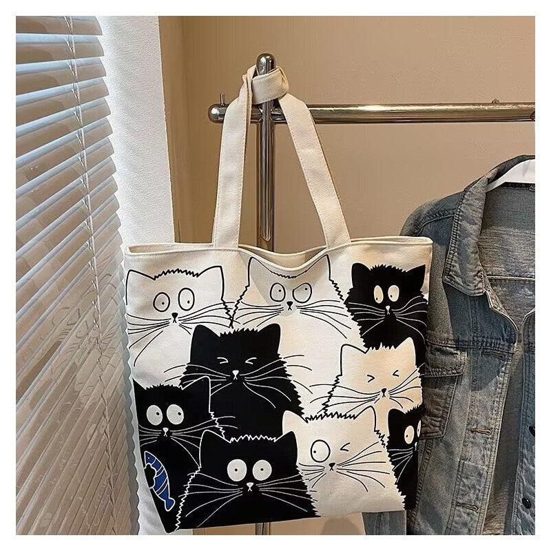 Large Capacity Canvas Shoulder Bag With Cute Cartoon Print