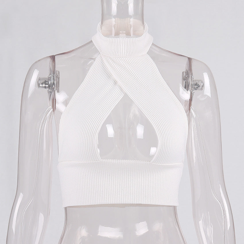 Sexy High Neck Backless Midriff Baring Knitting Tops