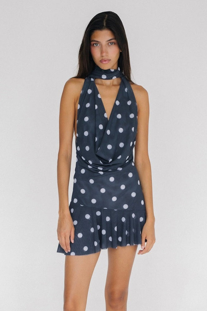 Polka Dot Halter Backless Mesh Mini Dress