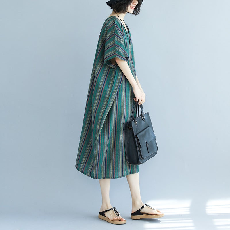 Vintage Green Linen Striped Asymmetrical Short Dresses-Dresses-Green-One Size-Free Shipping at meselling99