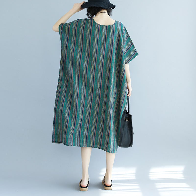 Vintage Green Linen Striped Asymmetrical Short Dresses-Dresses-Green-One Size-Free Shipping at meselling99